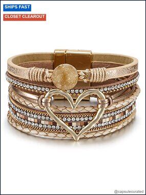 Leather Wrap Bracelet with Heart Charm, Boho Western Layered Cuff Jewelry